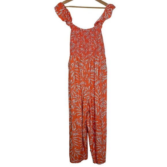 LOFT Pants - Loft Orange Leaf Dot Smocked Ruffle Strap Wide Leg Jumpsuit Size: XL Petite